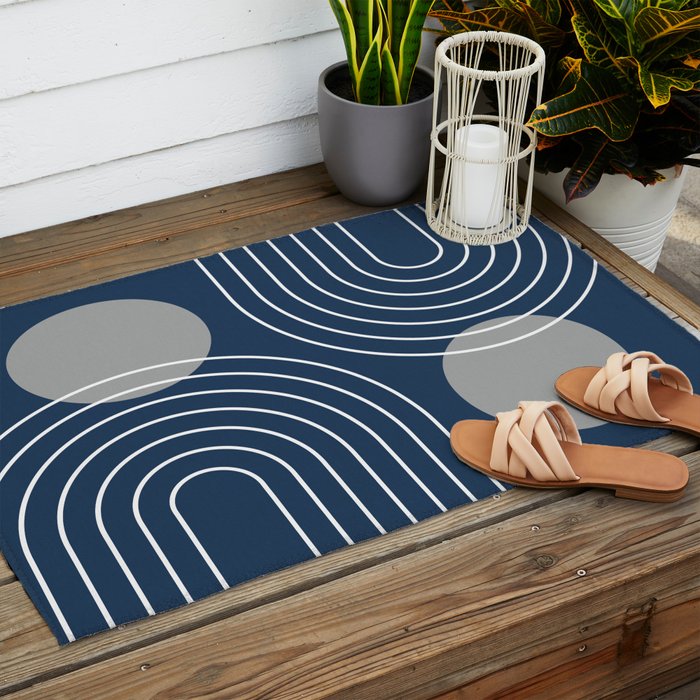 Mid Century Modern Geometric 106 in Navy Blue and Grey (Rainbow and Sun Abstraction) Outdoor Rug Gallery Image 2