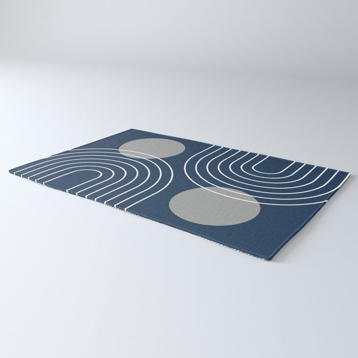 Mid Century Modern Geometric 106 in Navy Blue and Grey (Rainbow and Sun Abstraction) Rug Gallery Image 3