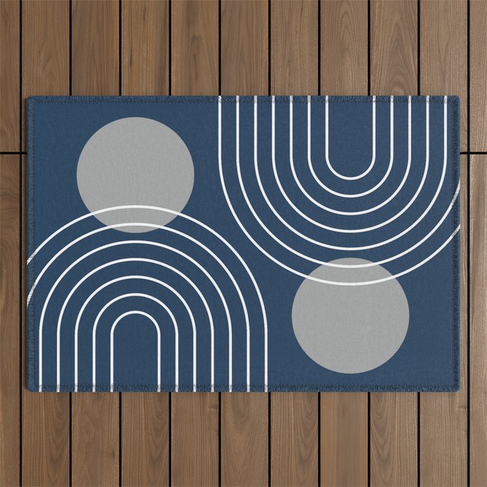Mid Century Modern Geometric 106 in Navy Blue and Grey (Rainbow and Sun Abstraction) Outdoor Rug Gallery Image 1