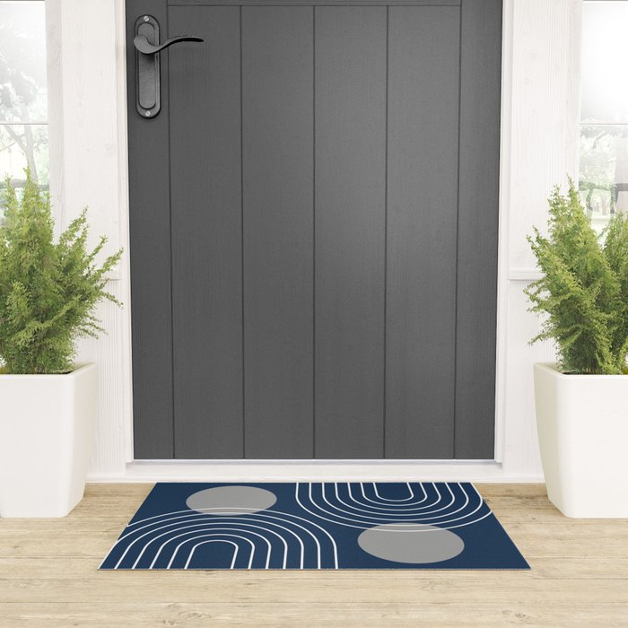 Mid Century Modern Geometric 106 in Navy Blue and Grey (Rainbow and Sun Abstraction) Welcome Mat Gallery Image 3