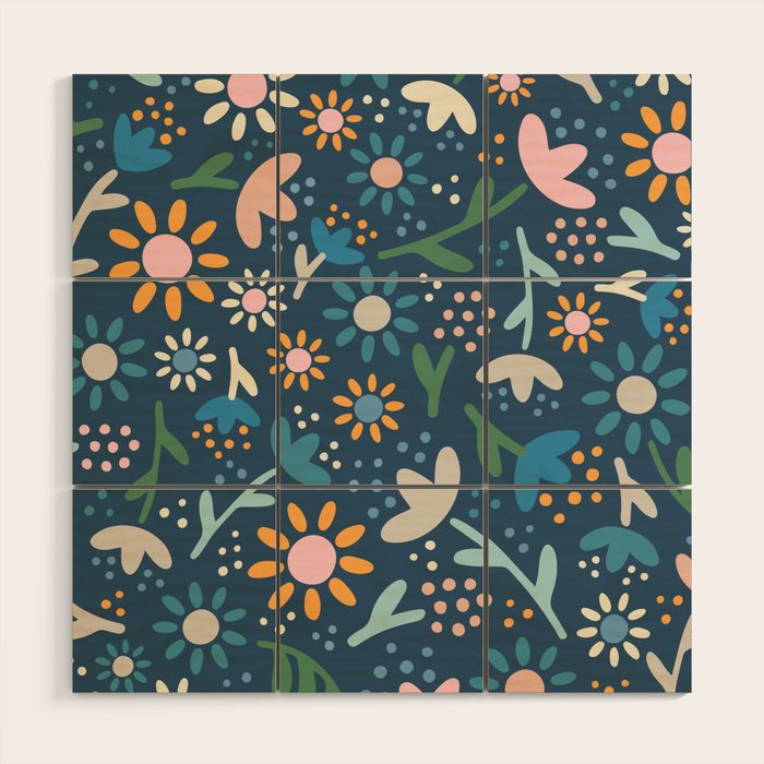 Ditsy Daisy Floral on Blue Wood Wall Art Gallery Image 1