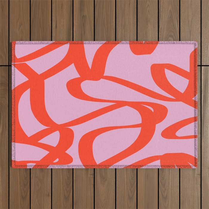 Pink Retro Lines Modern Abstract Brush Shapes Midcentury Line Shapes Vintage Outdoor Rug Gallery Image 1