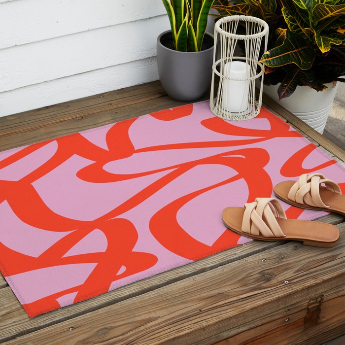 Pink Retro Lines Modern Abstract Brush Shapes Midcentury Line Shapes Vintage Outdoor Rug Gallery Image 2
