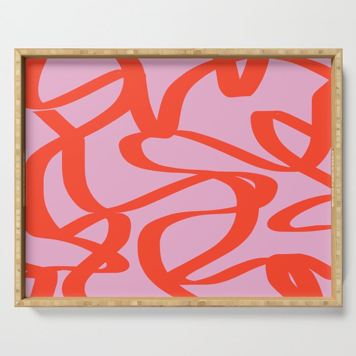 Pink Retro Lines Modern Abstract Brush Shapes Midcentury Line Shapes Vintage Serving Tray Gallery Image 1