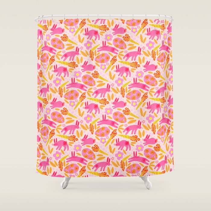 Cute Colorful Rabbits & Decorative Eggs in Pastel Pink Shower Curtain Gallery Image 1