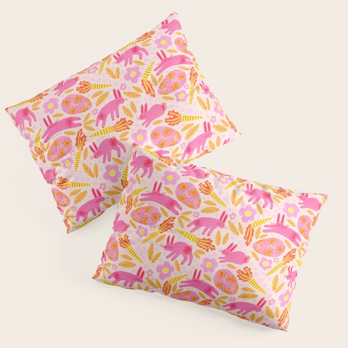 Cute Colorful Rabbits & Decorative Eggs in Pastel Pink Pillow Sham Gallery Image 3