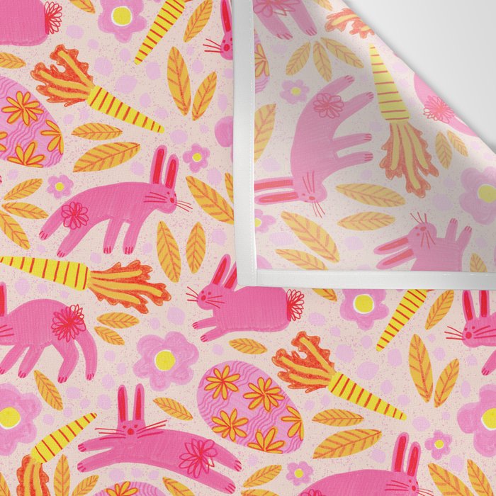 Cute Colorful Rabbits & Decorative Eggs in Pastel Pink Wall Tapestry Gallery Image 3