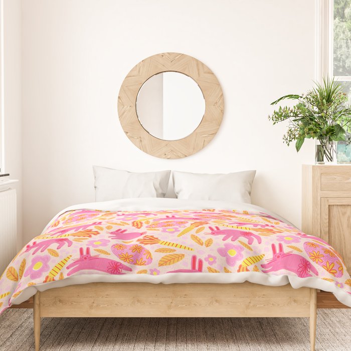 Cute Colorful Rabbits & Decorative Eggs in Pastel Pink Duvet Cover Gallery Image 3