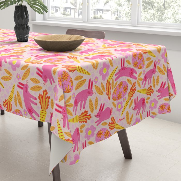 Cute Colorful Rabbits & Decorative Eggs in Pastel Pink Tablecloth Gallery Image 3