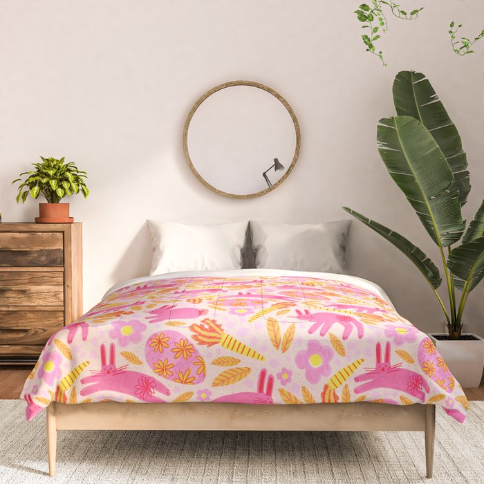 Cute Colorful Rabbits & Decorative Eggs in Pastel Pink Comforter Gallery Image 3