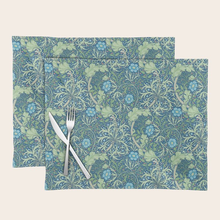 William Morris Vintage Seaweed Cobalt Thyme Green Blue Botanical Placemat Gallery Image 1