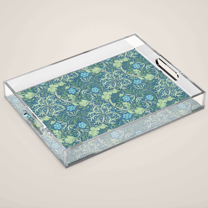 William Morris Vintage Seaweed Cobalt Thyme Green Blue Botanical Acrylic Tray Gallery Image 1