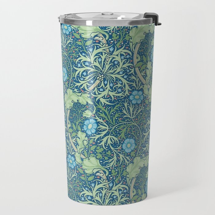 William Morris Vintage Seaweed Cobalt Thyme Green Blue Botanical Travel Mug Gallery Image 2