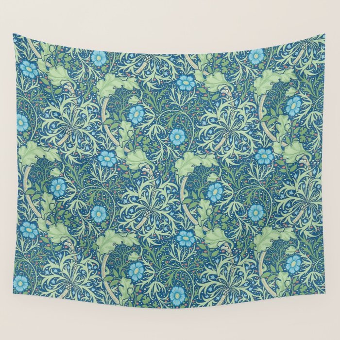 William Morris Vintage Seaweed Cobalt Thyme Green Blue Botanical Wall Tapestry Gallery Image 4