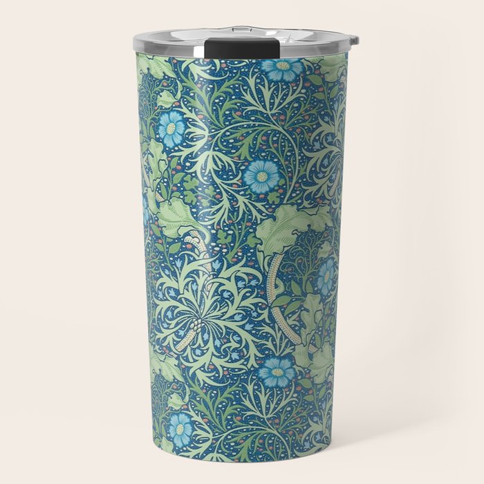 William Morris Vintage Seaweed Cobalt Thyme Green Blue Botanical Travel Mug Gallery Image 1
