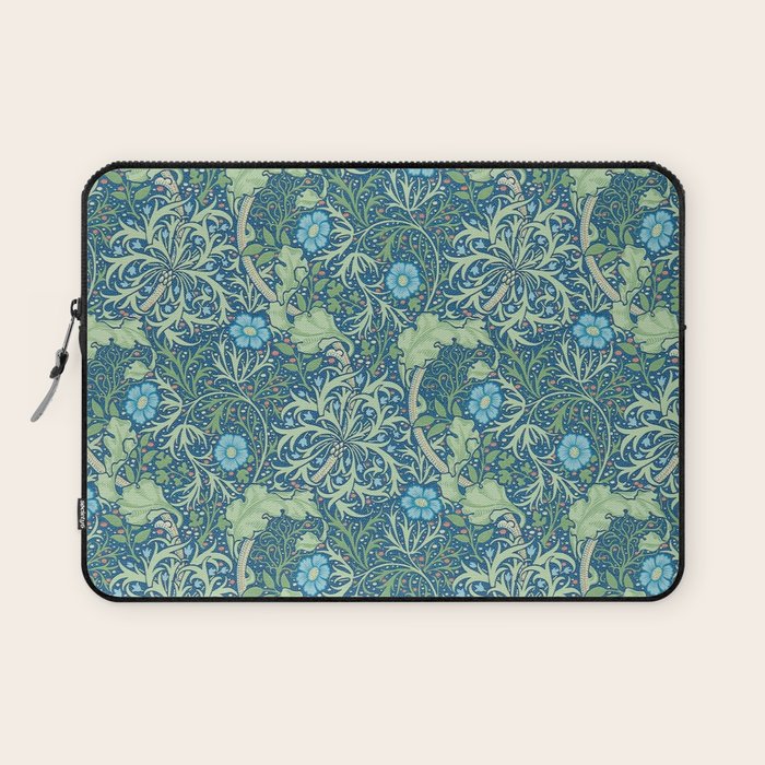 William Morris Vintage Seaweed Cobalt Thyme Green Blue Botanical Laptop Sleeve Gallery Image 1