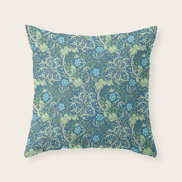 William Morris Vintage Seaweed Cobalt Thyme Green Blue Botanical Throw Pillow Gallery Image 6
