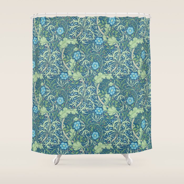 William Morris Vintage Seaweed Cobalt Thyme Green Blue Botanical Shower Curtain Gallery Image 1