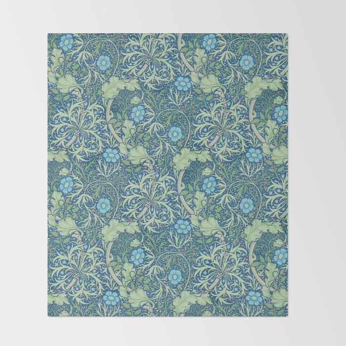 William Morris Vintage Seaweed Cobalt Thyme Green Blue Botanical Throw Blanket Gallery Image 2