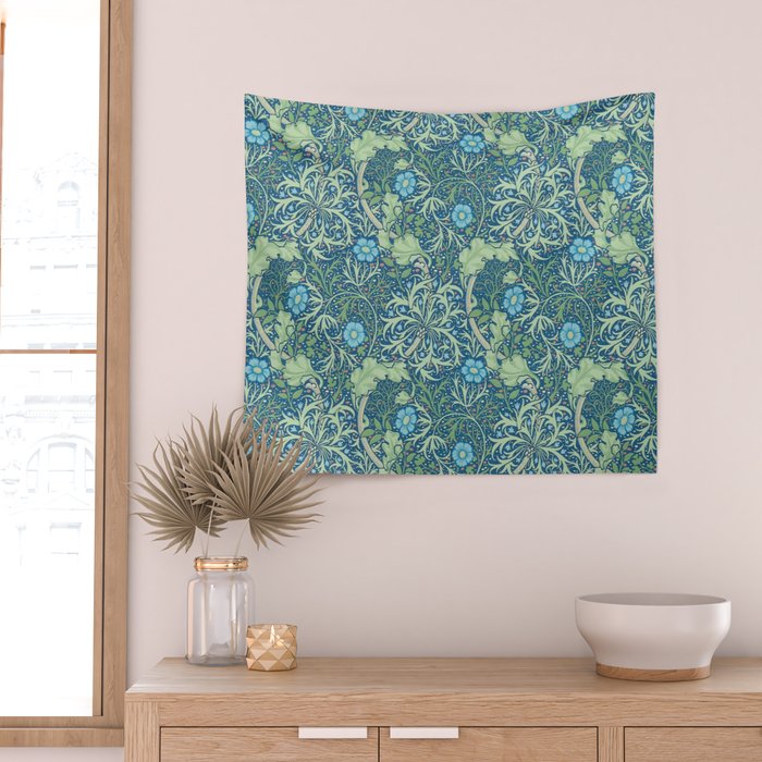 William Morris Vintage Seaweed Cobalt Thyme Green Blue Botanical Wall Tapestry Gallery Image 2