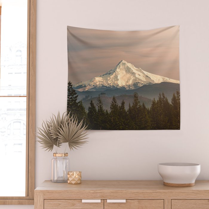 Mount Hood Vintage Sunset - Nature Landscape Photography Wall Tapestry Gallery Image 2