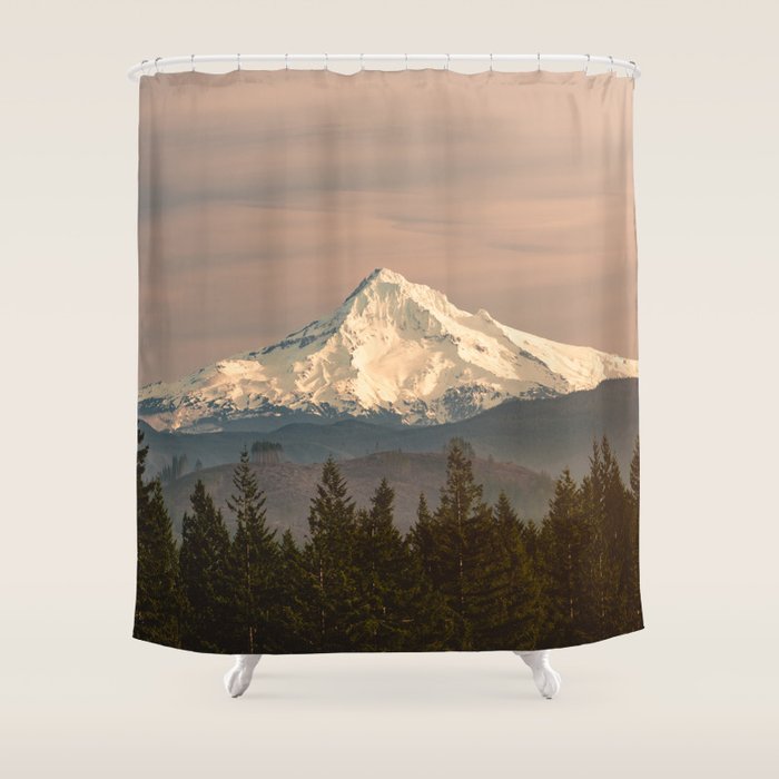 Mount Hood Vintage Sunset - Nature Landscape Photography Shower Curtain Gallery Image 1