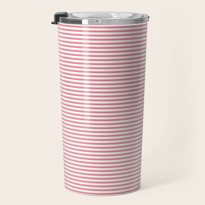 Ultra Fine Stripe Narrow Pinstripe Pattern in Cottage Pink and White Travel Mug Gallery Image 3