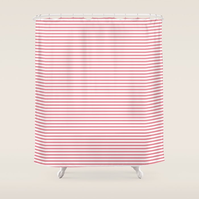 Ultra Fine Stripe Narrow Pinstripe Pattern in Cottage Pink and White Shower Curtain Gallery Image 1