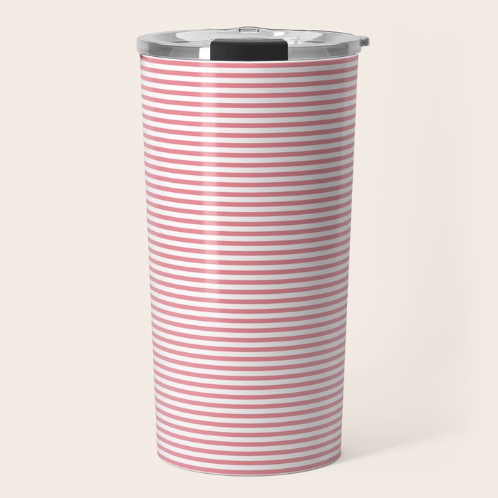 Ultra Fine Stripe Narrow Pinstripe Pattern in Cottage Pink and White Travel Mug Gallery Image 1