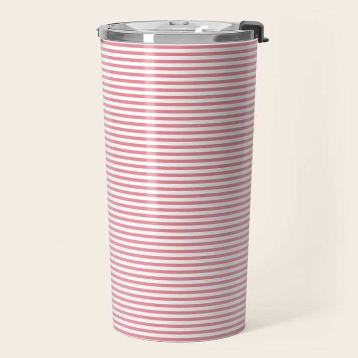 Ultra Fine Stripe Narrow Pinstripe Pattern in Cottage Pink and White Travel Mug Gallery Image 2