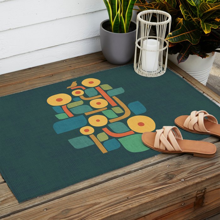 Bird in mid-century garden Outdoor Rug Gallery Image 2