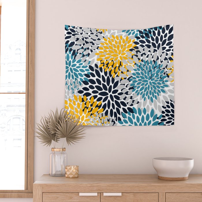 Modern Teal, Yellow and Blue Wall Tapestry Gallery Image 2