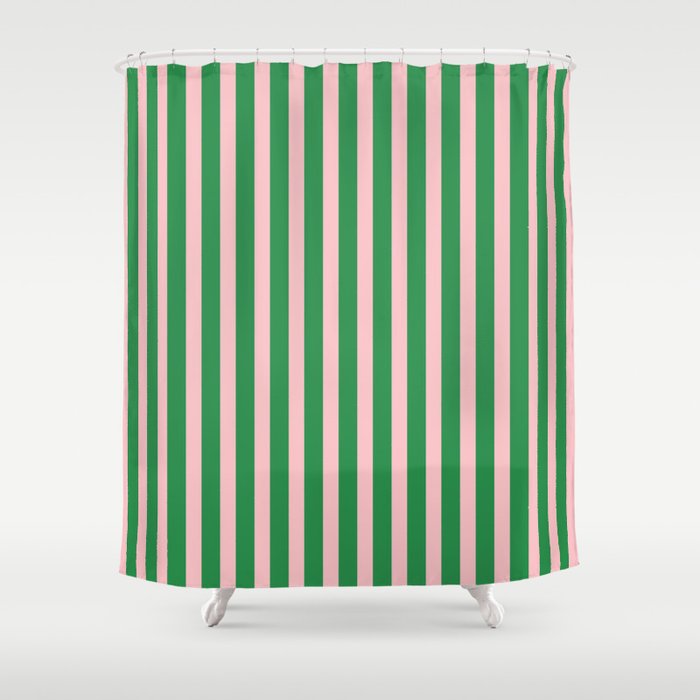 Pink and Green Stripes Narrow Vertical Stripe Pattern Shower Curtain Gallery Image 1
