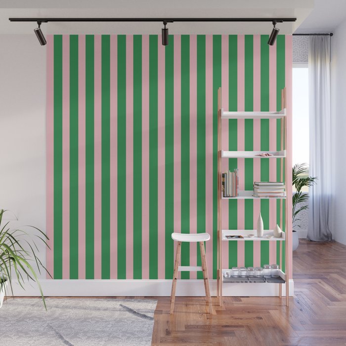 Pink and Green Stripes Narrow Vertical Stripe Pattern Wall Mural Gallery Image 1