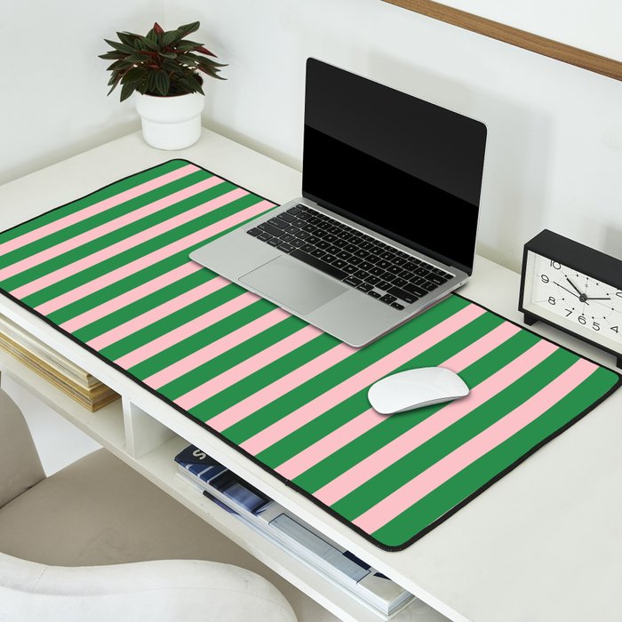 Pink and Green Stripes Narrow Vertical Stripe Pattern Desk Mat Gallery Image 2