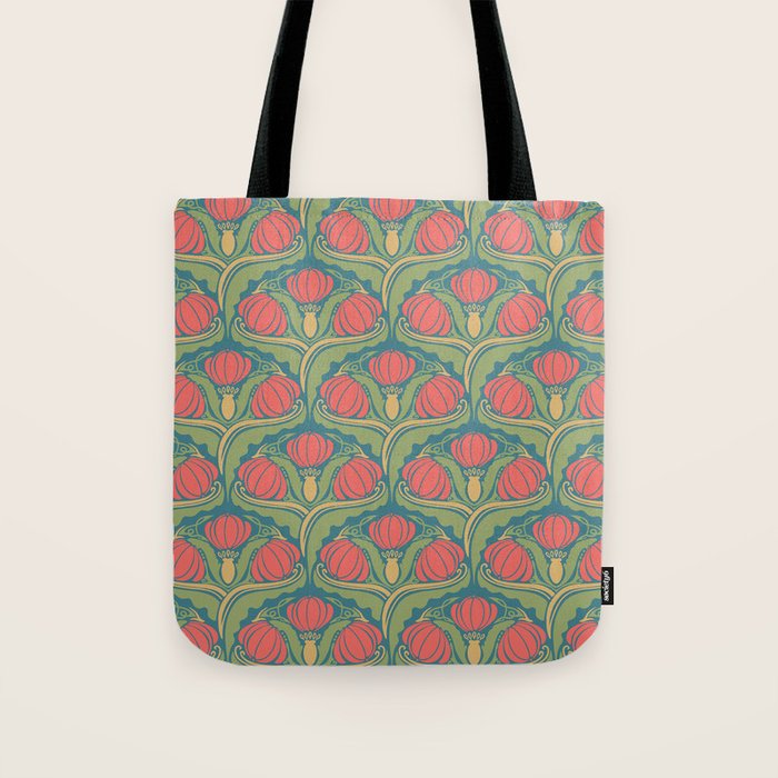Art Nouveau Pattern 2 Red Sage Green Yellow Ochre On Blue Tote Bag Gallery Image 1