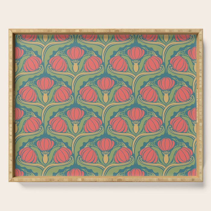 Art Nouveau Pattern 2 Red Sage Green Yellow Ochre On Blue Serving Tray Gallery Image 1