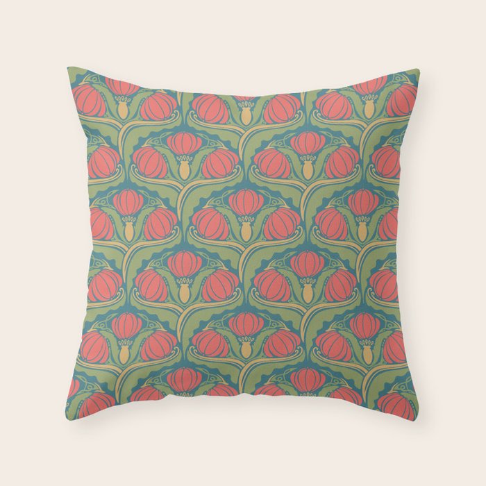 Art Nouveau Pattern 2 Red Sage Green Yellow Ochre On Blue Throw Pillow Gallery Image 1