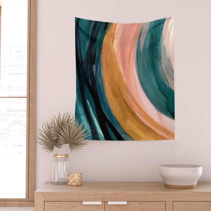 Breathe: a vibrant bold abstract piece in greens, ochre, and pink Wall Tapestry Gallery Image 2