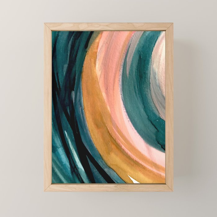 Breathe: a vibrant bold abstract piece in greens, ochre, and pink Mini Art Print Gallery Image 1