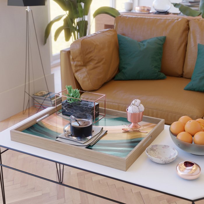 Breathe: a vibrant bold abstract piece in greens, ochre, and pink Serving Tray Gallery Image 2