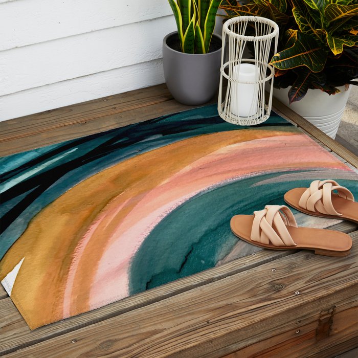 Breathe: a vibrant bold abstract piece in greens, ochre, and pink Outdoor Rug Gallery Image 2