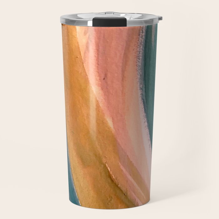 Breathe: a vibrant bold abstract piece in greens, ochre, and pink Travel Mug Gallery Image 1