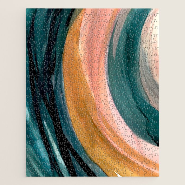 Breathe: a vibrant bold abstract piece in greens, ochre, and pink Jigsaw Puzzle Gallery Image 1