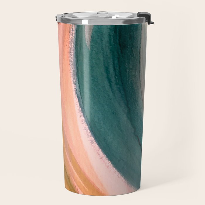 Breathe: a vibrant bold abstract piece in greens, ochre, and pink Travel Mug Gallery Image 2
