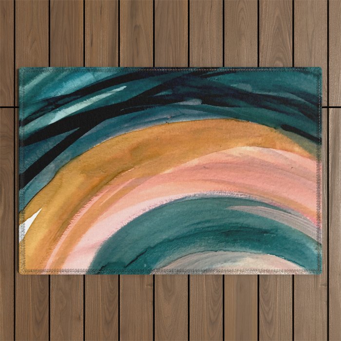 Breathe: a vibrant bold abstract piece in greens, ochre, and pink Outdoor Rug Gallery Image 1