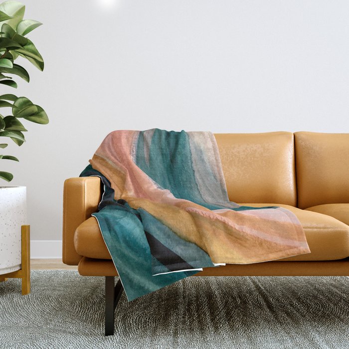 Breathe: a vibrant bold abstract piece in greens, ochre, and pink Throw Blanket Gallery Image 1