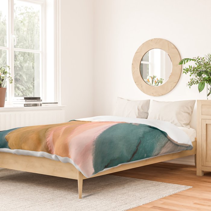 Breathe: a vibrant bold abstract piece in greens, ochre, and pink Duvet Cover Gallery Image 2