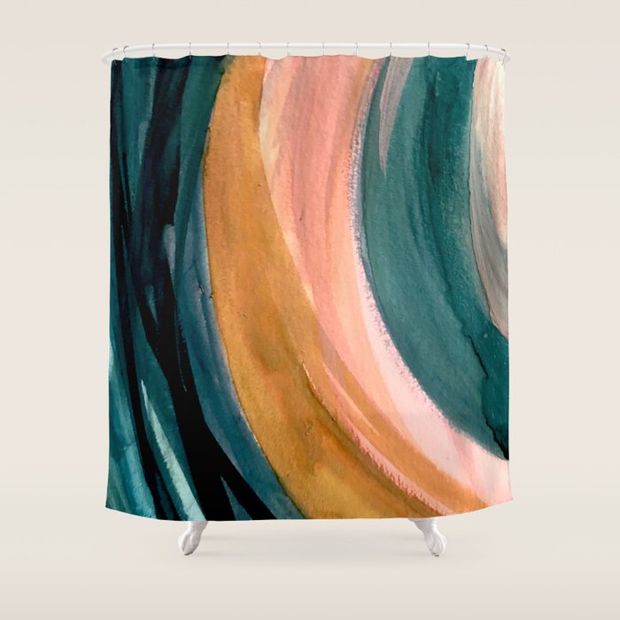 Breathe: a vibrant bold abstract piece in greens, ochre, and pink Shower Curtain Gallery Image 1