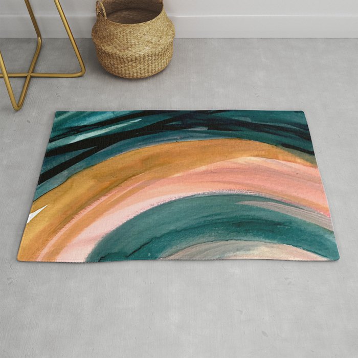 Breathe: a vibrant bold abstract piece in greens, ochre, and pink Rug Gallery Image 1